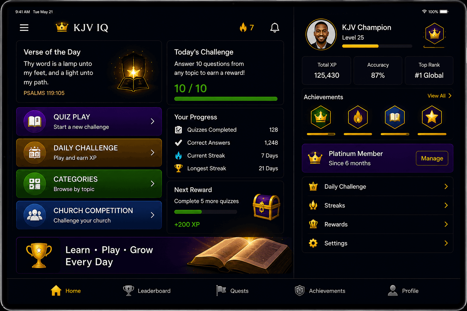 KJV IQ app dashboard showing daily challenges, verse of the day, XP progress, and achievements